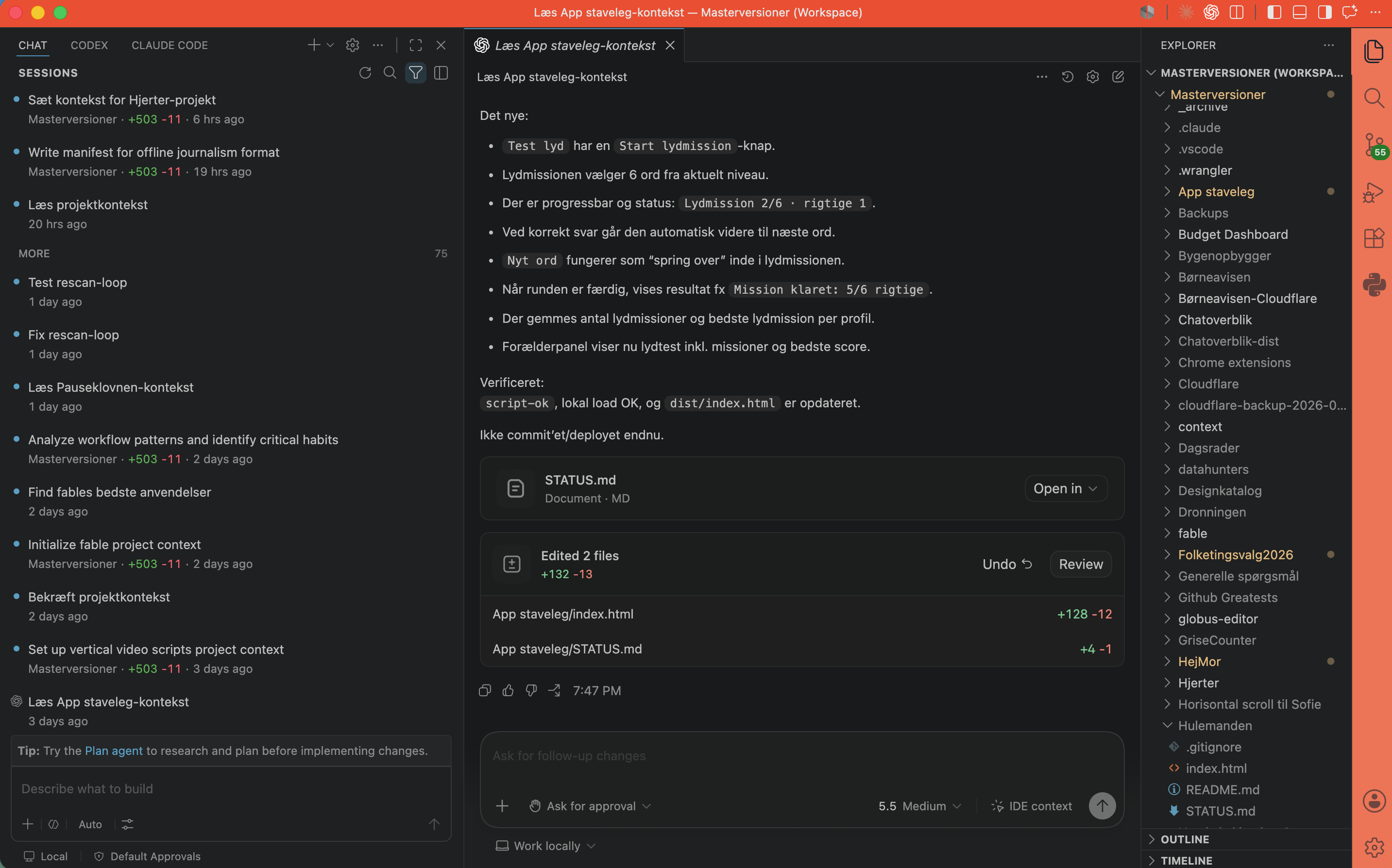 VS Code med Masterversioner som workspace mens chatten handler om App staveleg